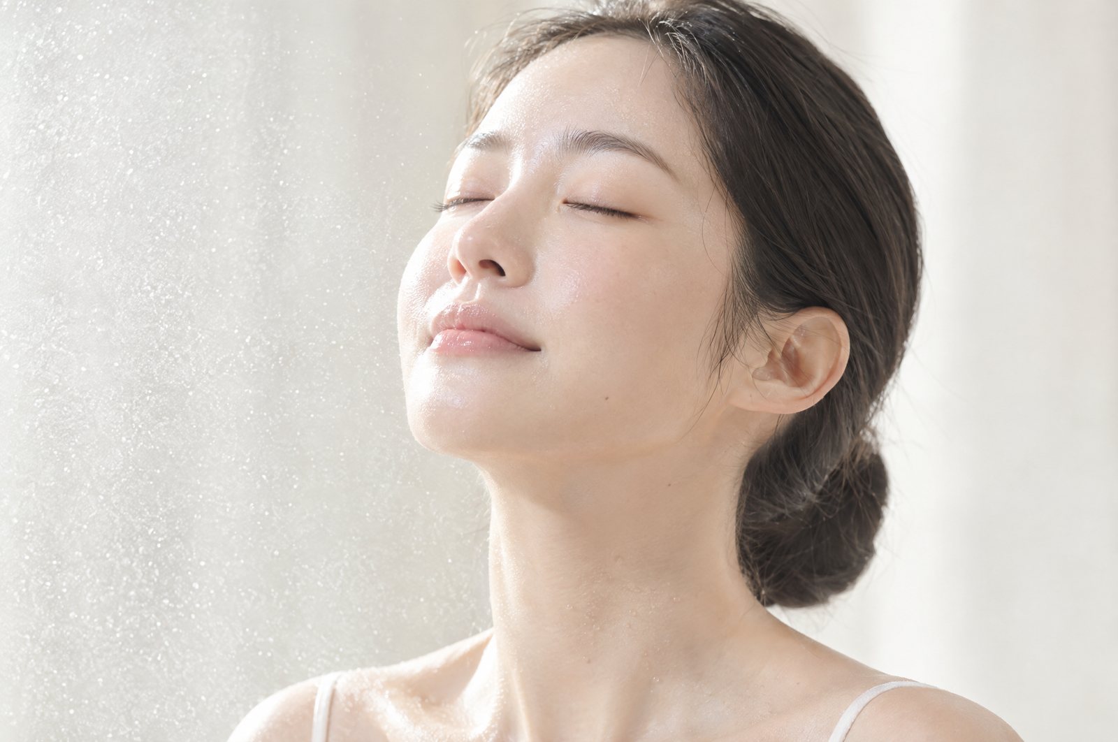 눈을 감고 고개를 들어 빛을 받는 여성