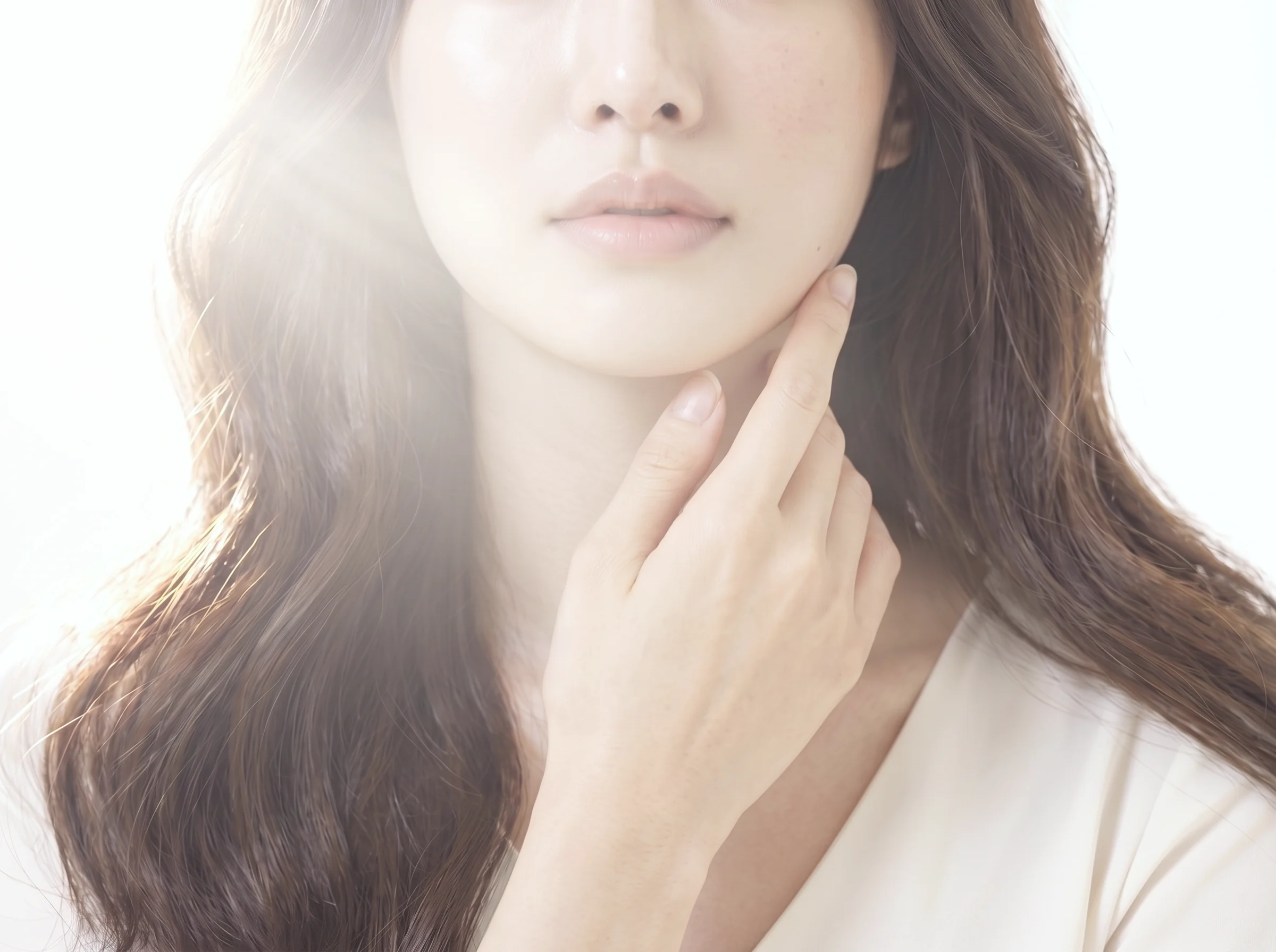 역광 속에서 손끝으로 턱선을 잡은 여성
