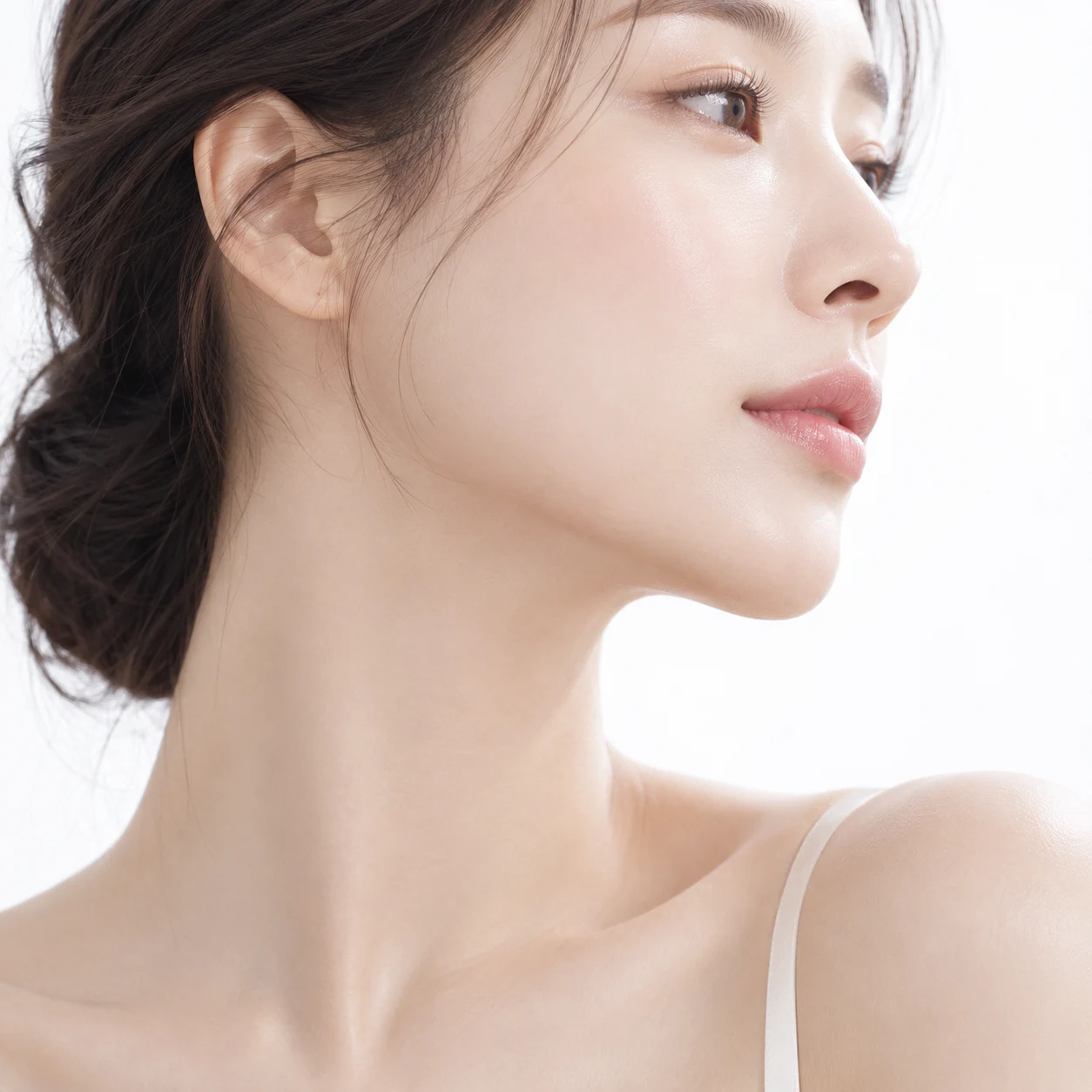 머리를 묶고 옆을 바라보는 여성의 얼굴선과 목선