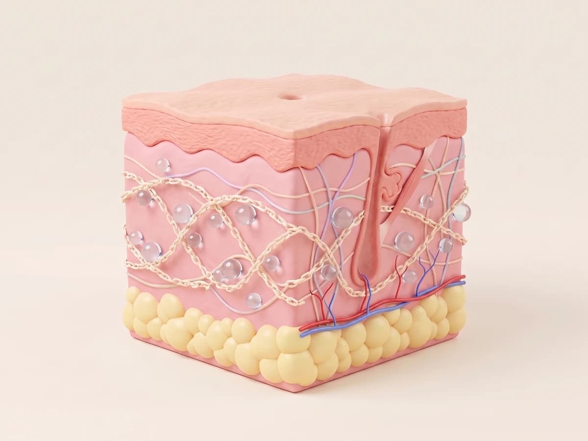진피 속 히알루론산 그물이 물방울을 붙들고 있는 피부 단면 3D 그림