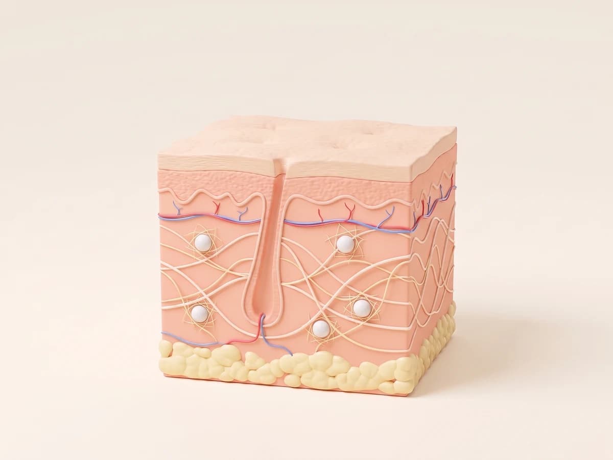 작은 입자 주위로 콜라겐 섬유가 보이는 피부 단면 3D 그림