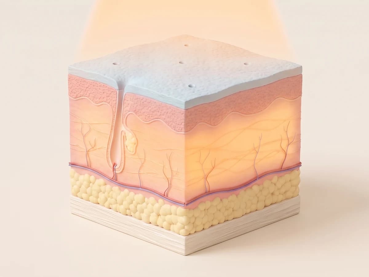 표면은 차갑게 두고 진피 전체만 고르게 데우는 피부 단면 3D 그림