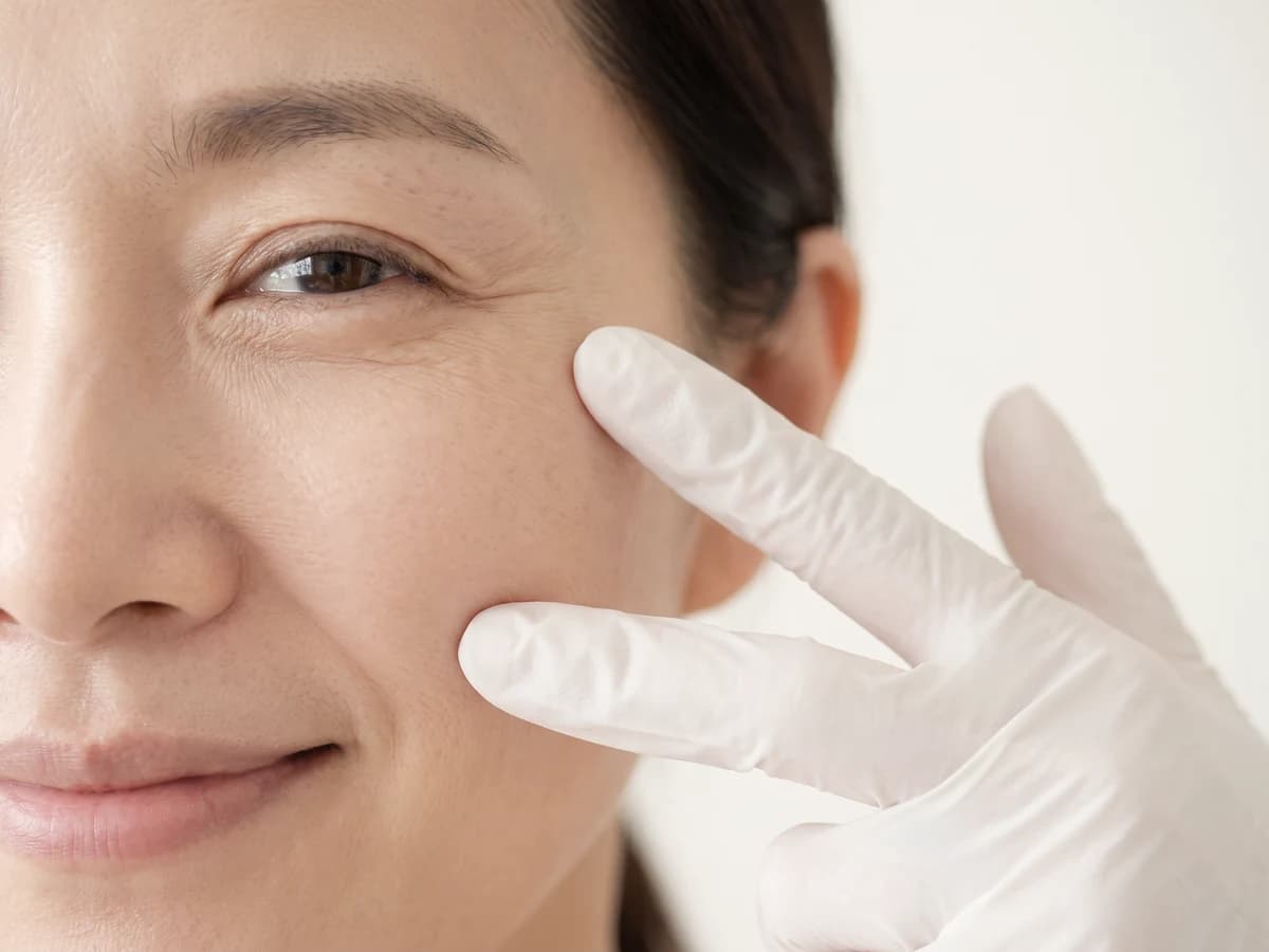 웃을 때 생기는 눈가 잔주름 옆과 광대 아래 볼에 장갑 낀 손끝을 가볍게 댄 사진