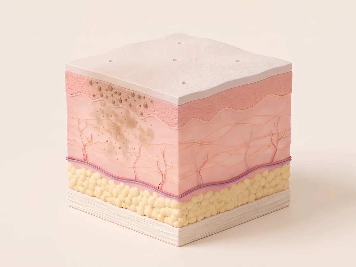 표피 아래부터 진피 위쪽까지 갈색 색소가 퍼져 있는 피부 단면 3D 그림